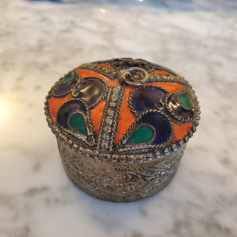 Vintage cloisonne snuff pill lidded Round box enameled metal Trinket blue orange